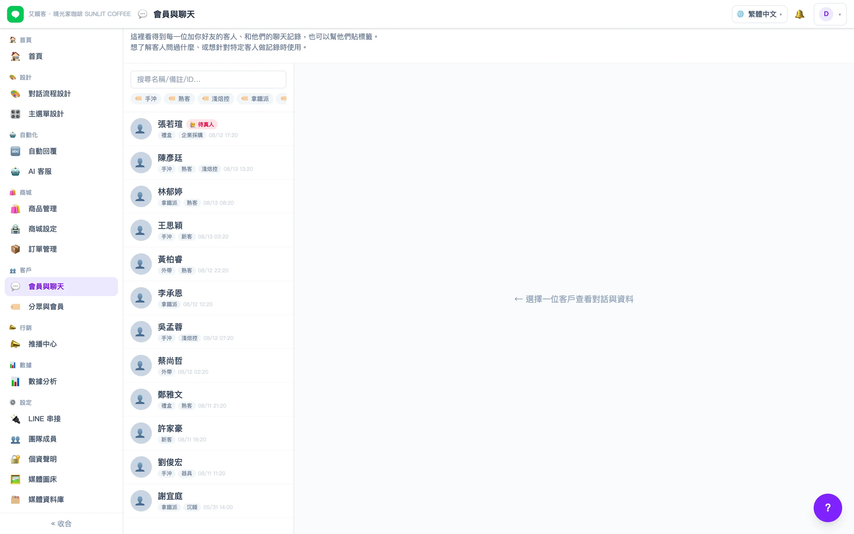 會員與聊天頁，左側是客戶名單，含標籤與最後互動時間